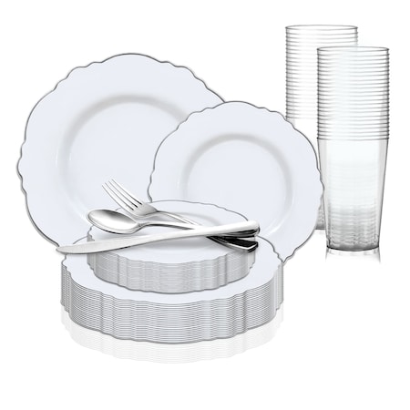 Smarty Had A Party White with Silver Rim Round Blossom Disposable Plastic Wedding Value Set, 720PK 4840WHS-VS120